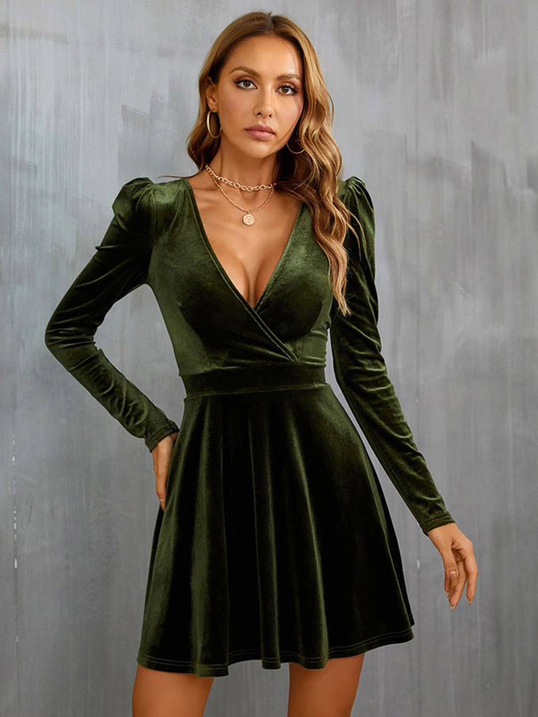 

StyleCast Velvet Fit and Flare Dress, Olive