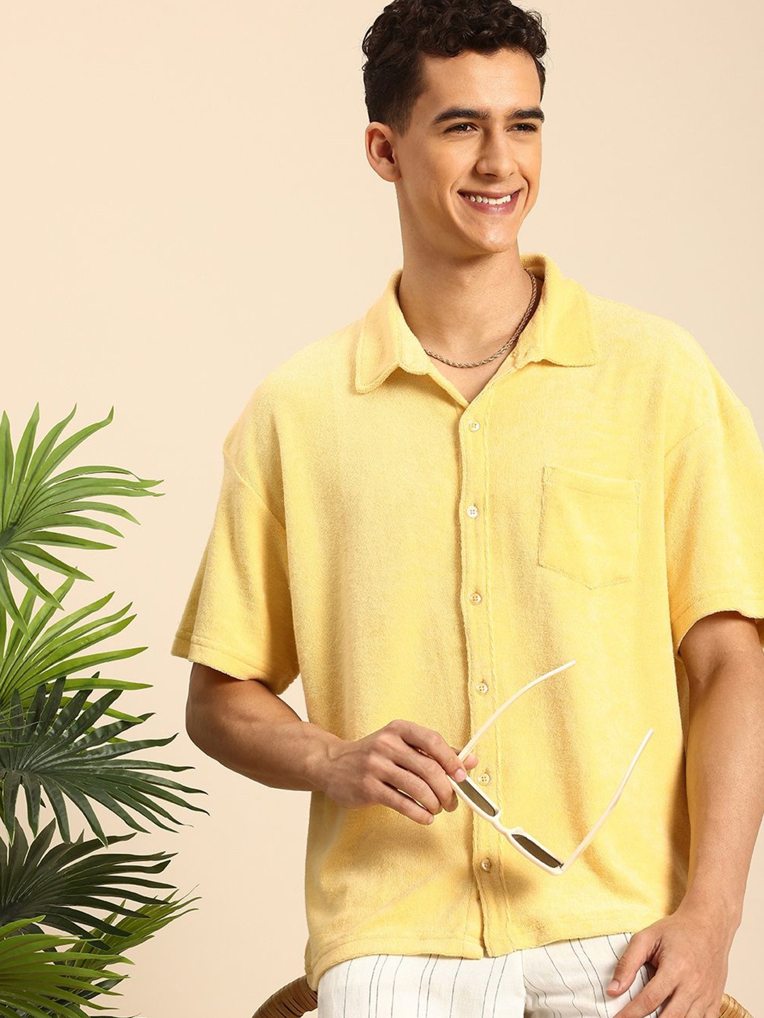 

Mast & Harbour Men Premium Spread Collar Textured Solid Cotton Relaxed Fit Casual Shirt, Yellow