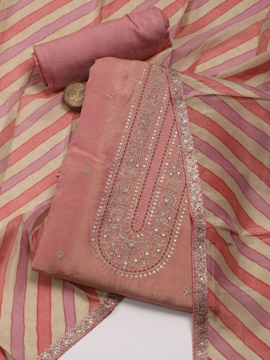 

Meena Bazaar Striped Embroidered Unstitched Dress Material, Pink