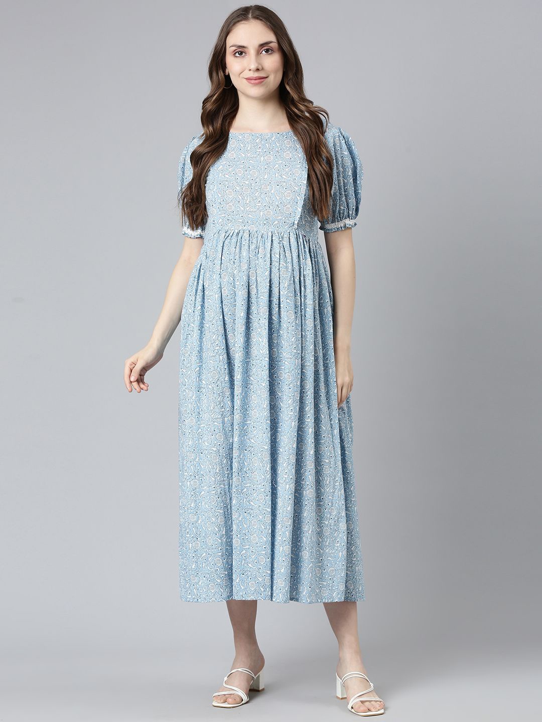 

Swishchick Floral Printed Puff Sleeve Maternity Fit & Flare Midi Dress, Blue