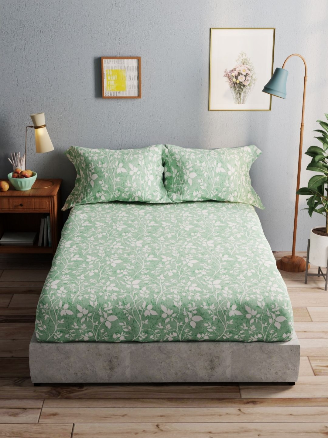 

BIANCA Green & White Floral Printed 140 TC Pure Cotton Double Bedsheet & 2 Pillow Covers
