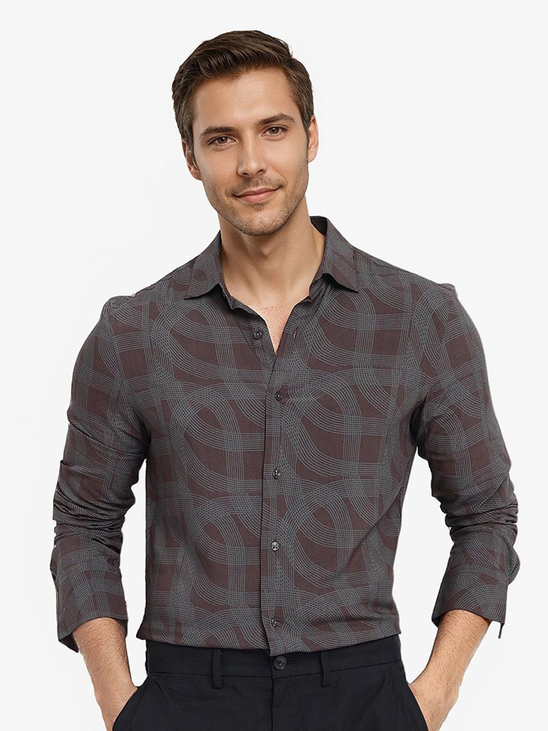 

RARE RABBIT Men Comfort Spread Collar Abstract Printed Cotton Casual Shirt, Brown