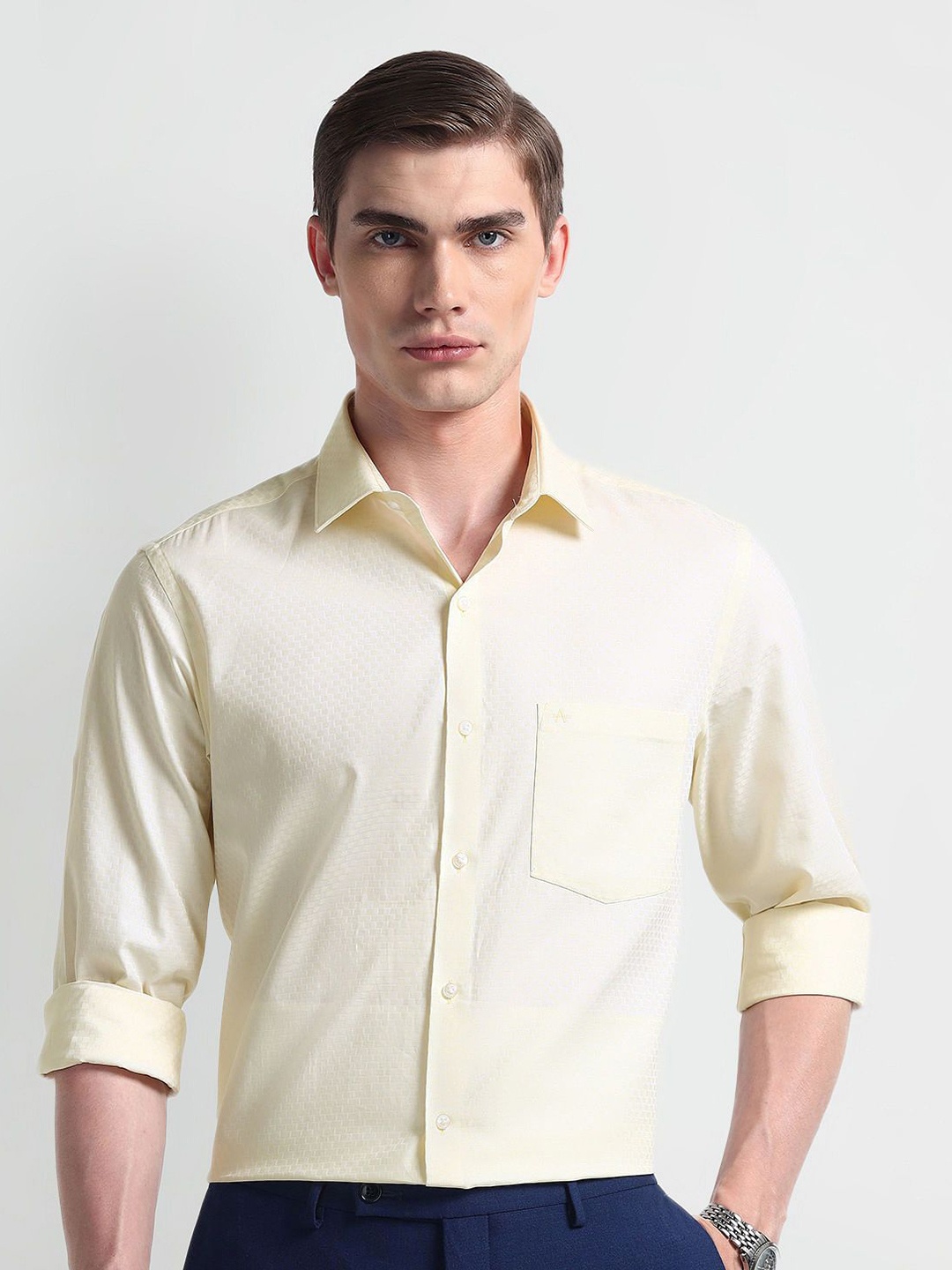 

Arrow Men Classic Spread Collar Solid Cotton Formal Shirt, Yellow