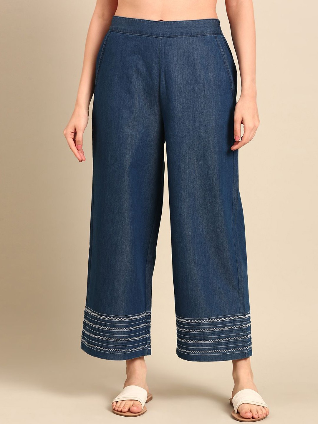 

De Moza Women Mid Rise Parallel Trousers, Blue
