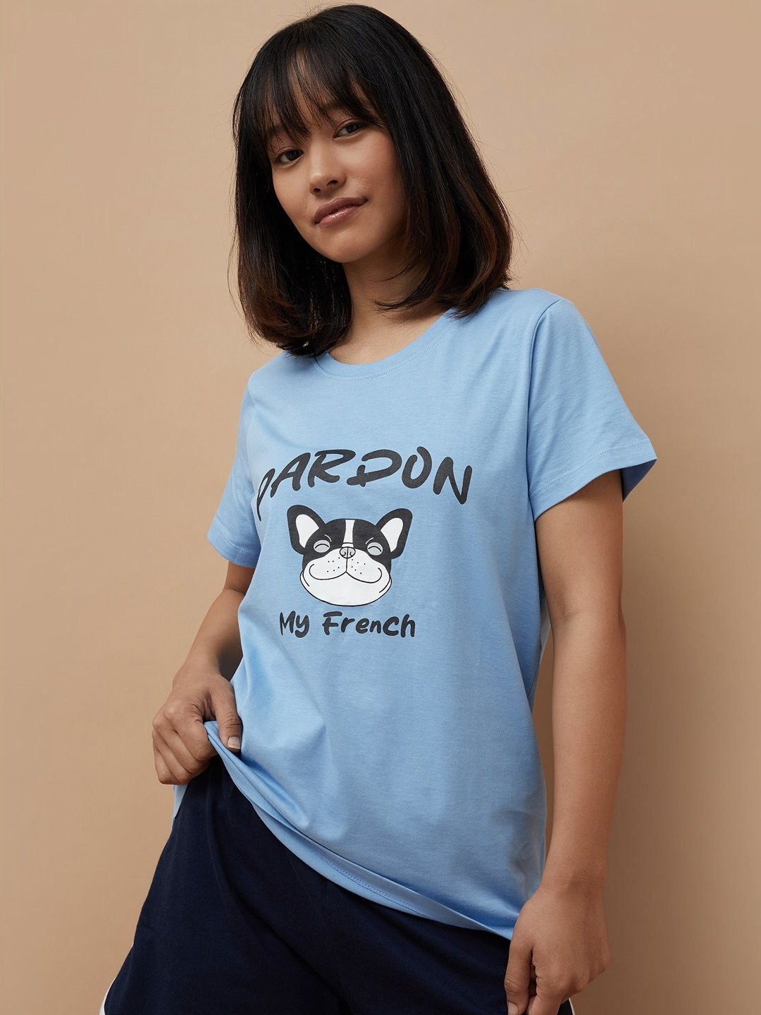 

Ginger by Lifestyle Women Printed Round Neck Cotton T-shirt, Blue