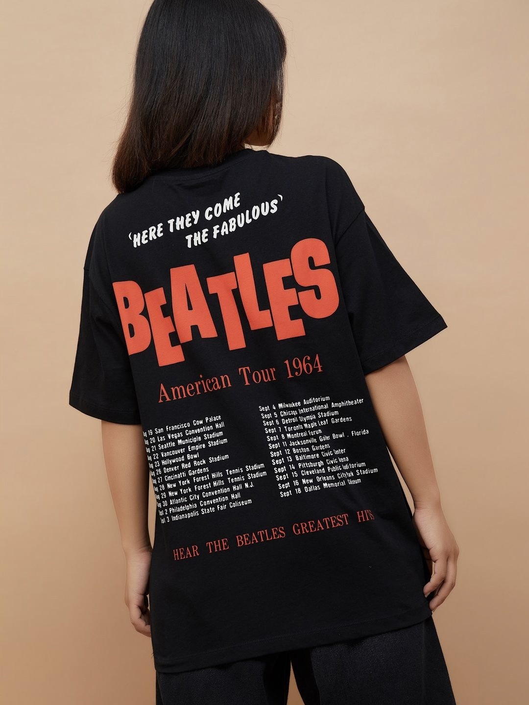 

Ginger by Lifestyle Women The Beatles Printed Round Neck Cotton Oversized T-shirt, Black