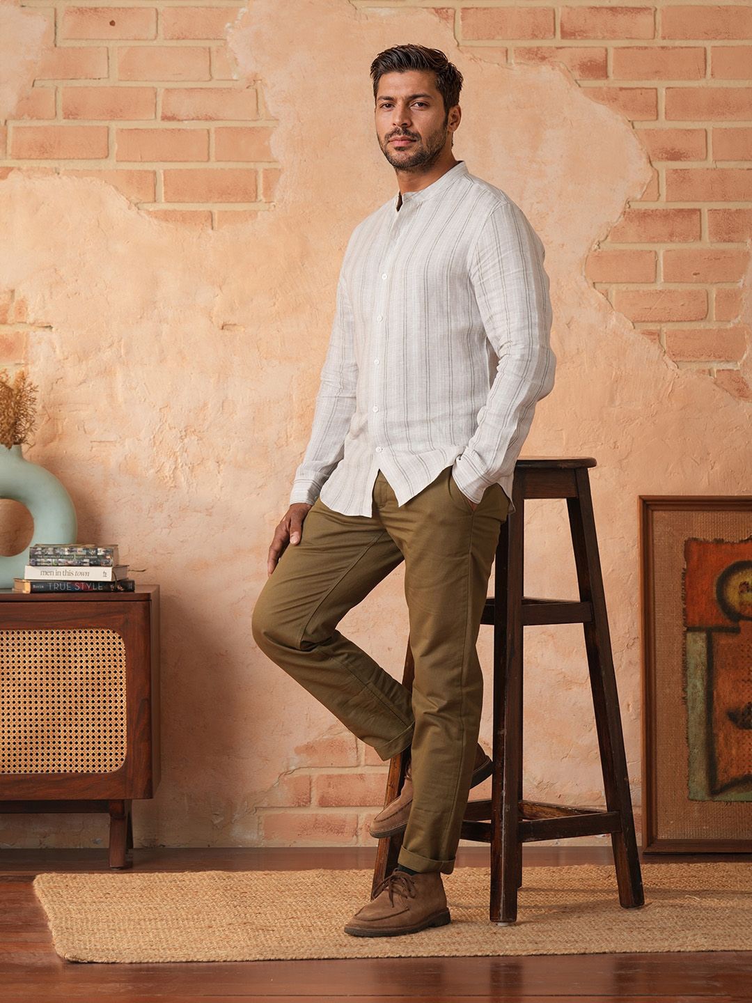 

Monks of Method Men Relaxed Band Collar Striped Linen Relaxed Fit Casual Shirt, Green