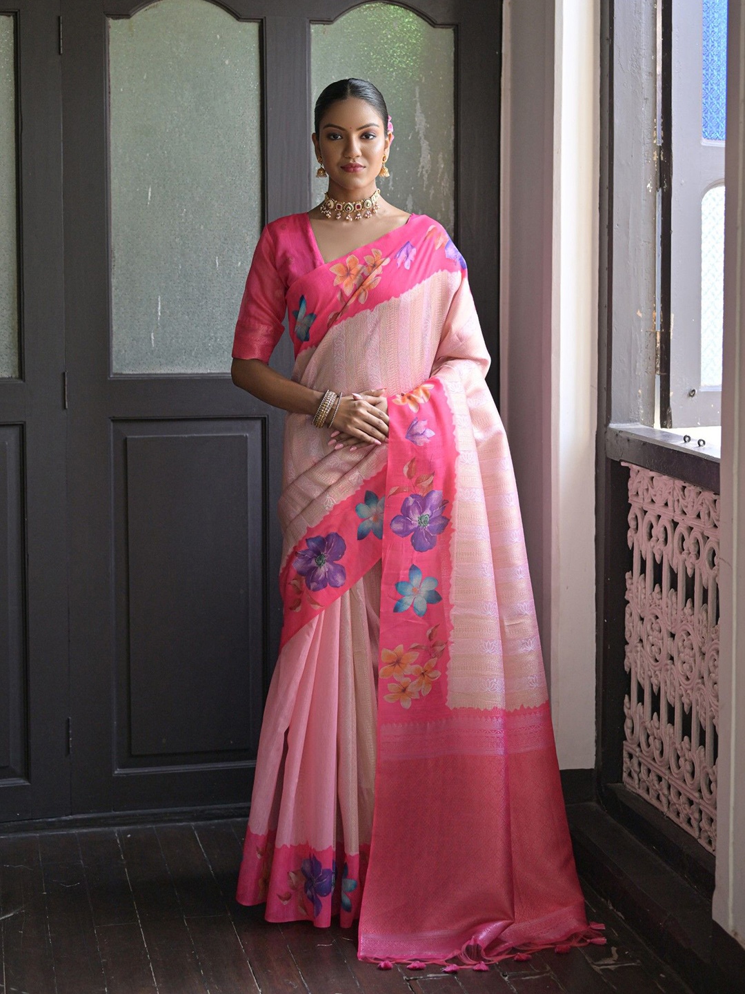 

LeeliPeeri Designer Printed Floral Silk Blend Saree, Pink