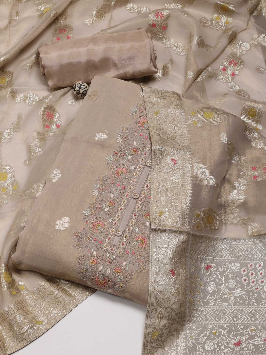

Meena Bazaar Floral Unstitched Dress Material, Beige