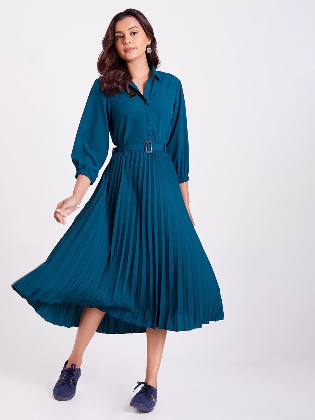 

Femvy Puff Sleeve Applique Accordion Pleated Fit & Flare Dress, Blue