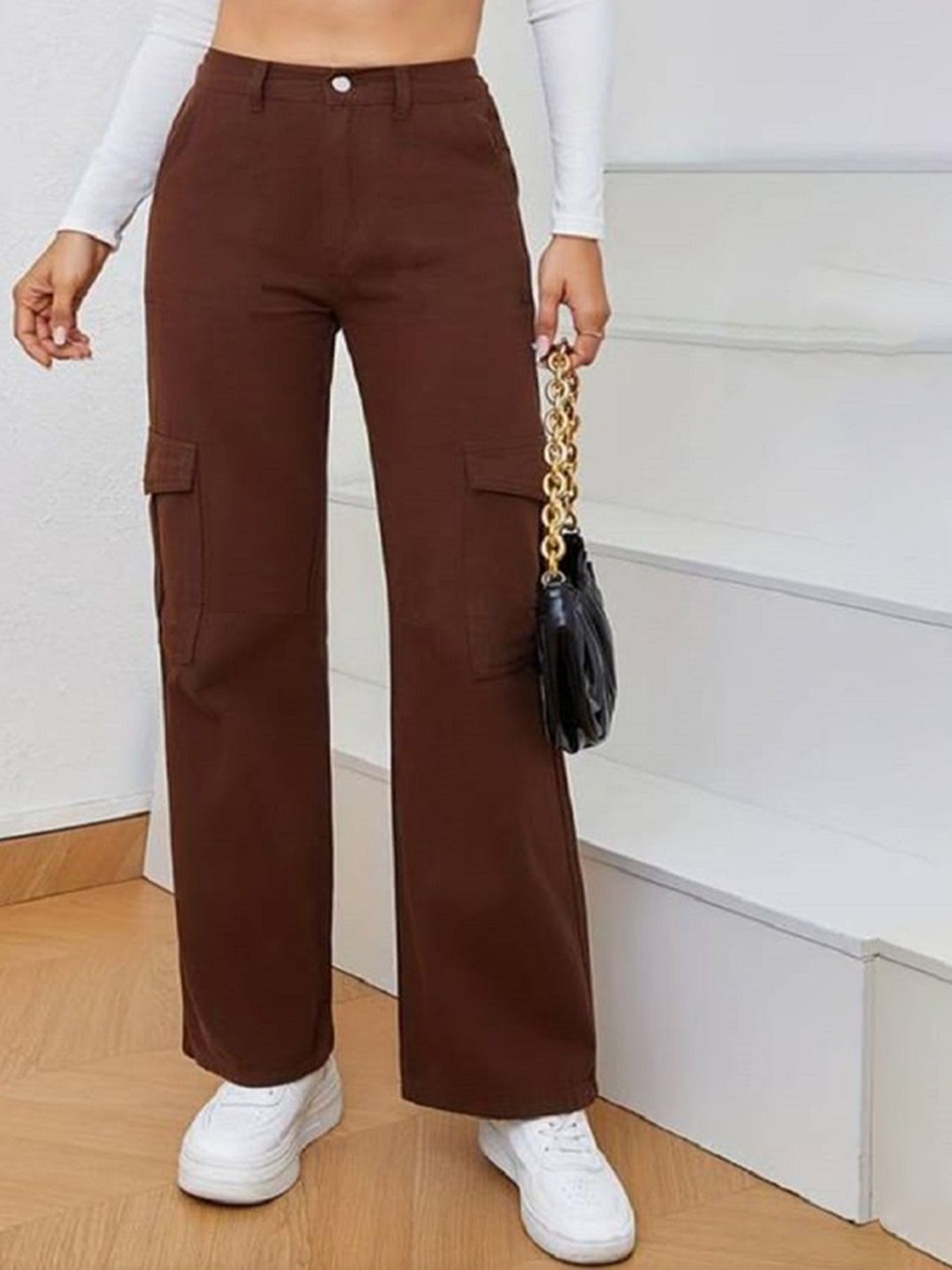 

Perfect Outlet Women Straight Fit High-Rise Cargo Jeans, Brown