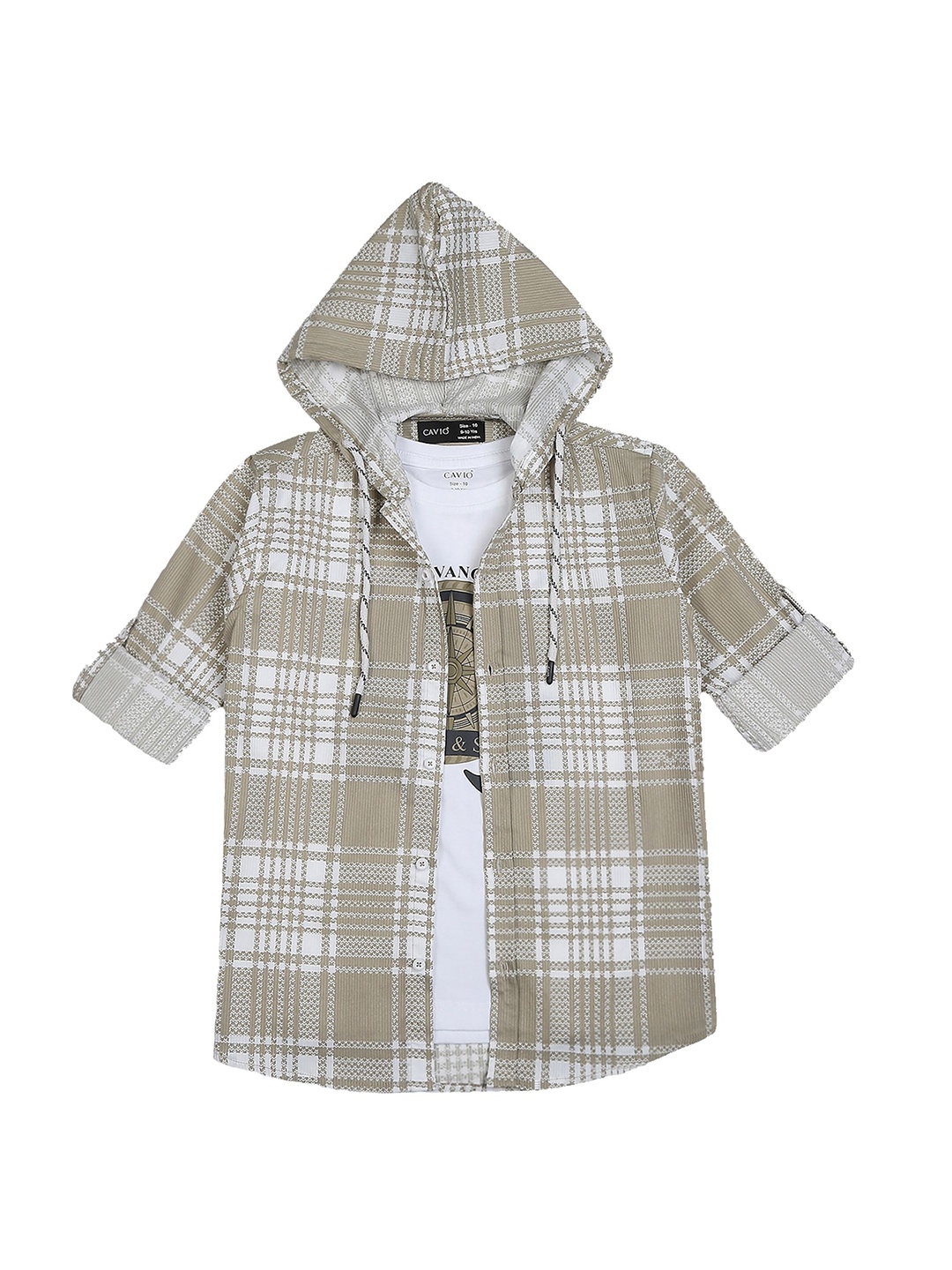 

CAVIO Boys Pack Of 2 Comfort Hood Tartan Checked Cotton Casual Shirts, Khaki