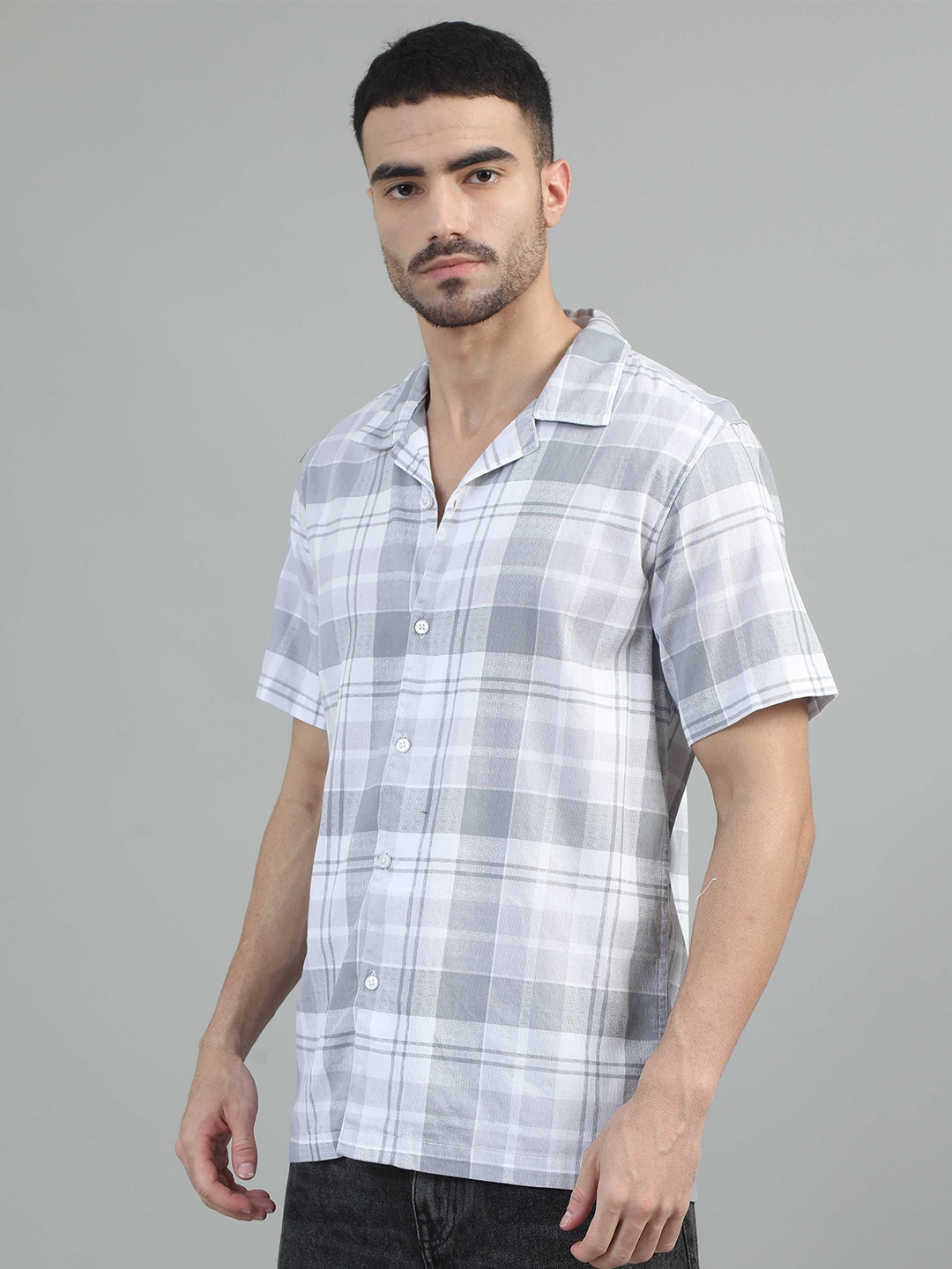 

SORATIA Men Cuban Collar Tartan Checked Cotton Relaxed Fit Casual Shirt, Grey