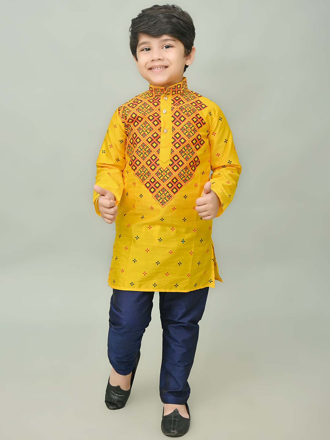 

NFC CREATION Boys Geometric Printed Mandarin Collar Dupion Silk Kurta with Pyjamas, Yellow