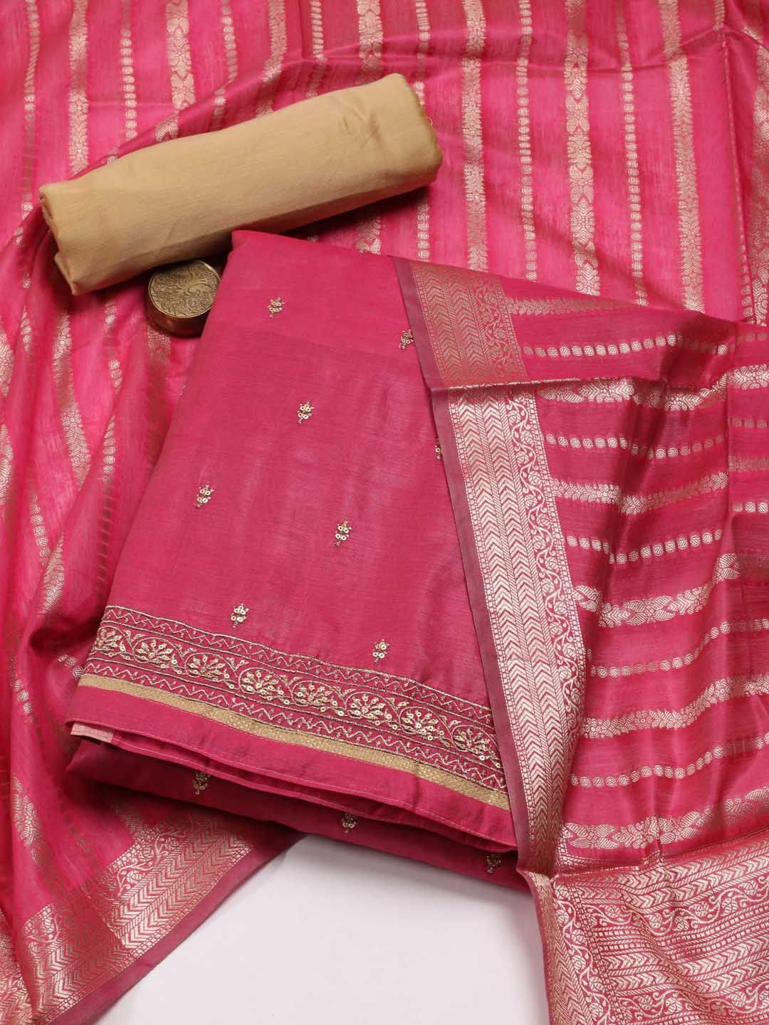 

Meena Bazaar Ethnic Motifs Sequin Embroidered Art Silk Unstitched Dress Material, Magenta