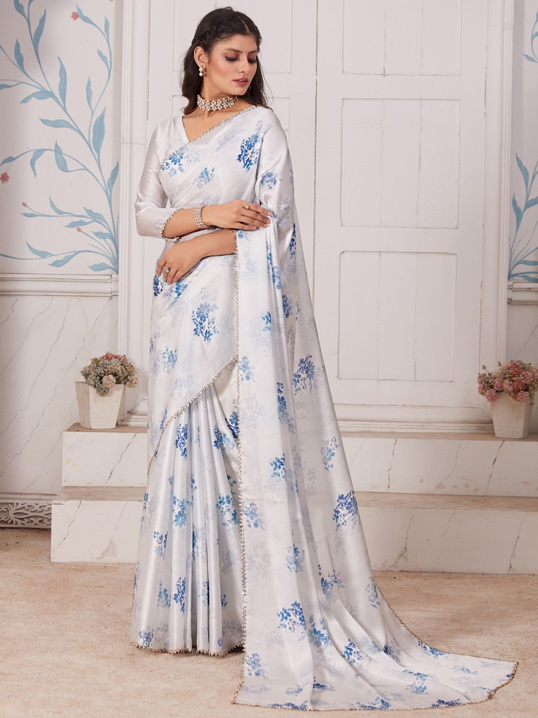 

Anouk Floral Beads and Stones Satin Saree, White