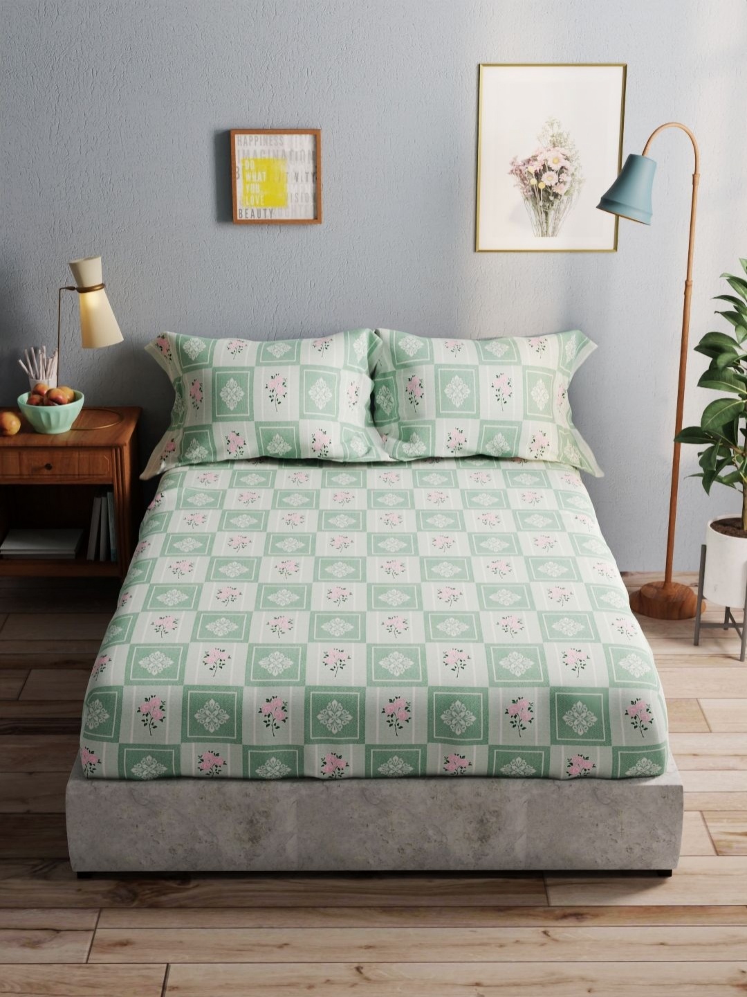 

BIANCA Amolina Green & Pink Floral 140 TC Cotton Queen Bedsheet with 2 Pillow Covers