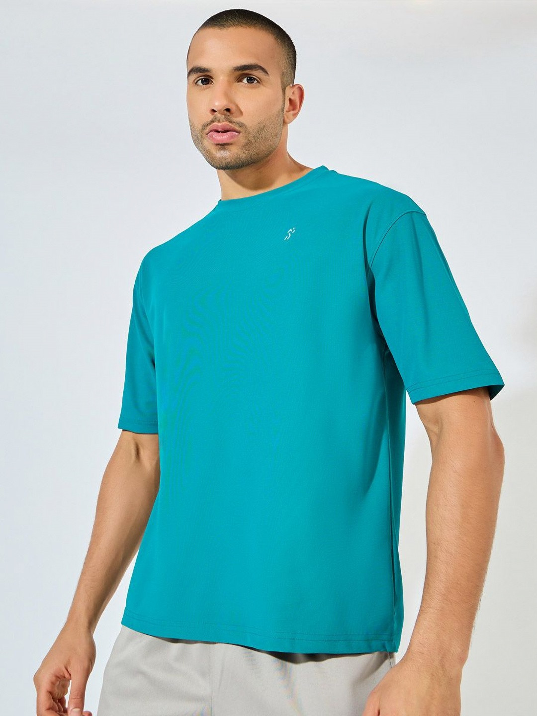 

Styli Men Micro Pique Knit Oversized Tshirt with Reflective Logo, Teal