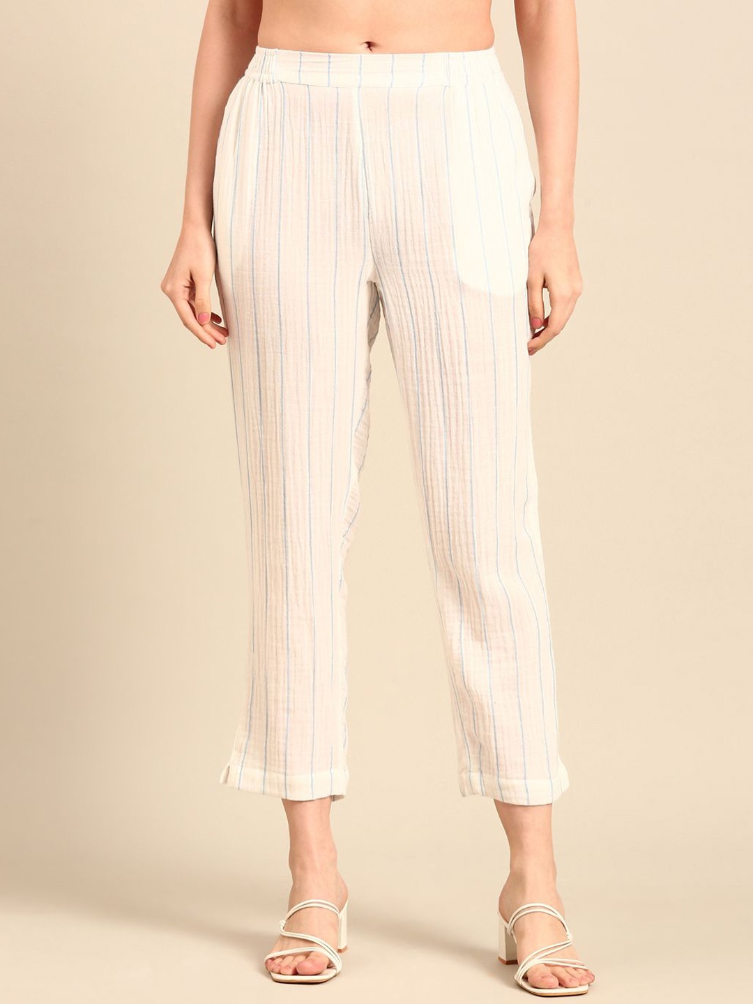 

De Moza Women Striped Trousers, White