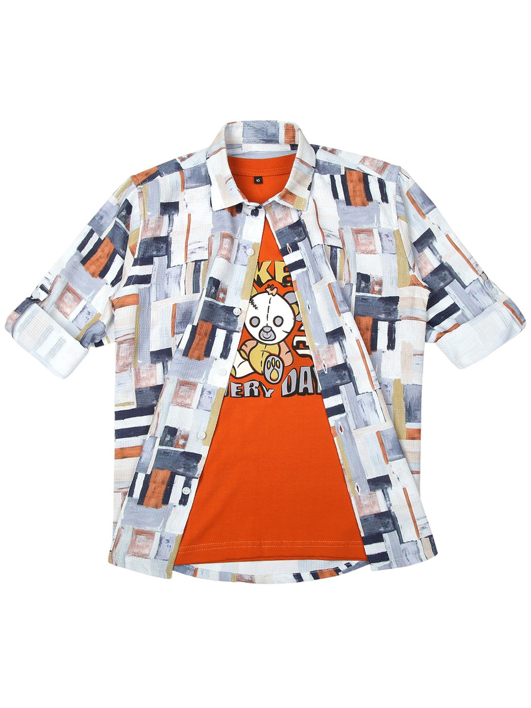 

CAVIO Boys Spread Collar Abstract Printed Cotton Casual Shirts & T-Shirt, Orange