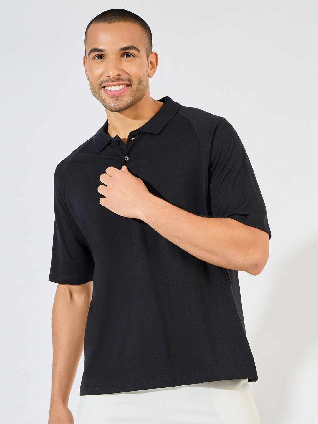 

Styli Men Oversized Heavy Cotton Jersey Raglan Polo, Black