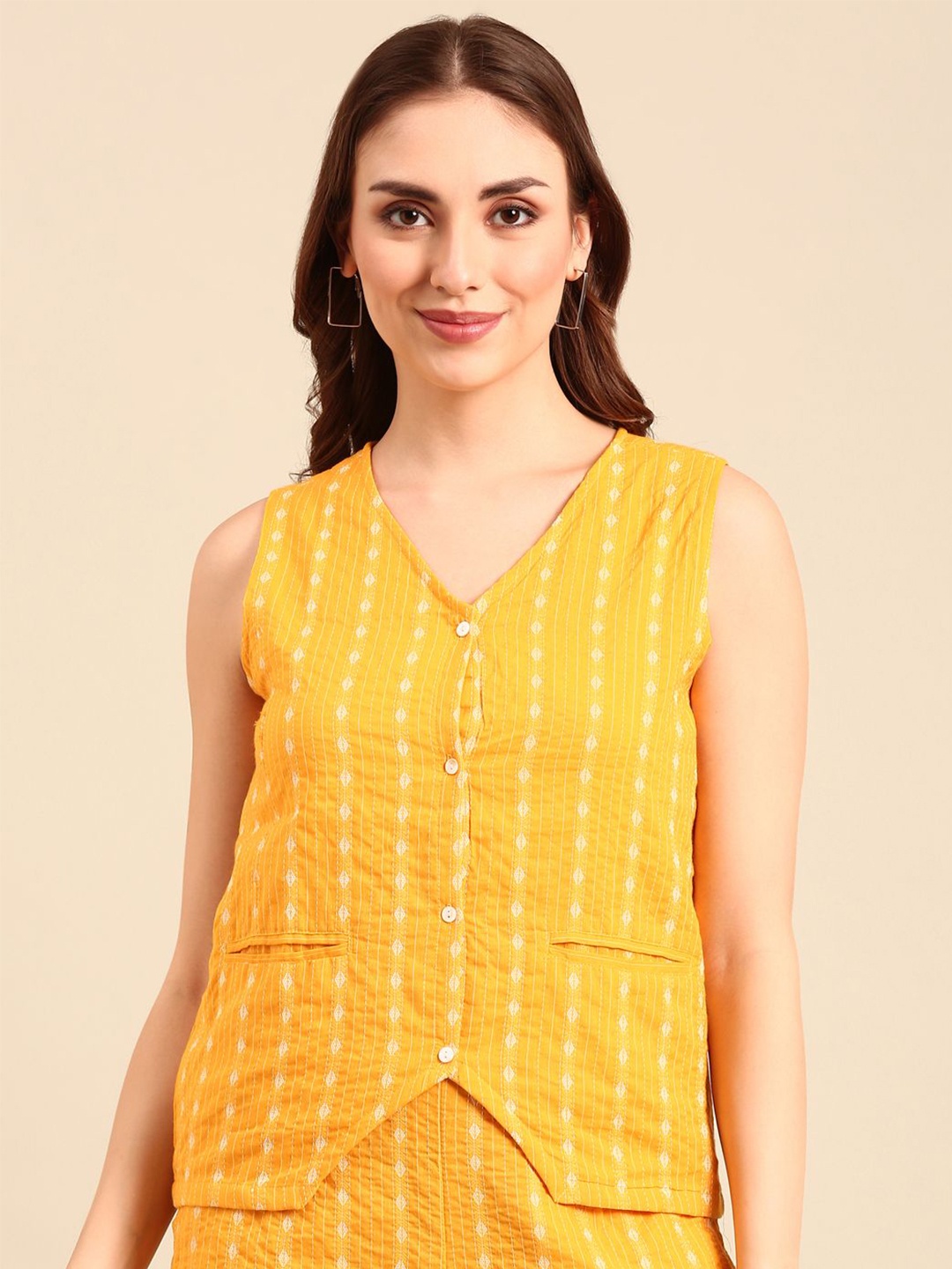 

De Moza Women Vertical Striped V-Neck Cotton Top, Yellow