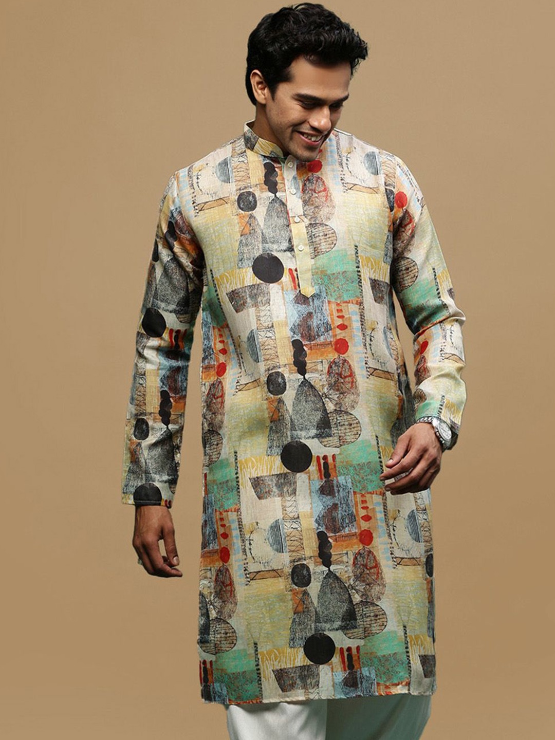 

Sanwara Abstract Printed Mandarin Collar Linen Straight Kurta, Yellow