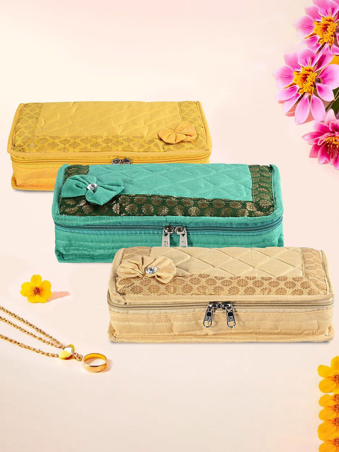 

Kuber Industries Gold-Toned & Yellow 3 Pieces Self Design Jewellery Organisers