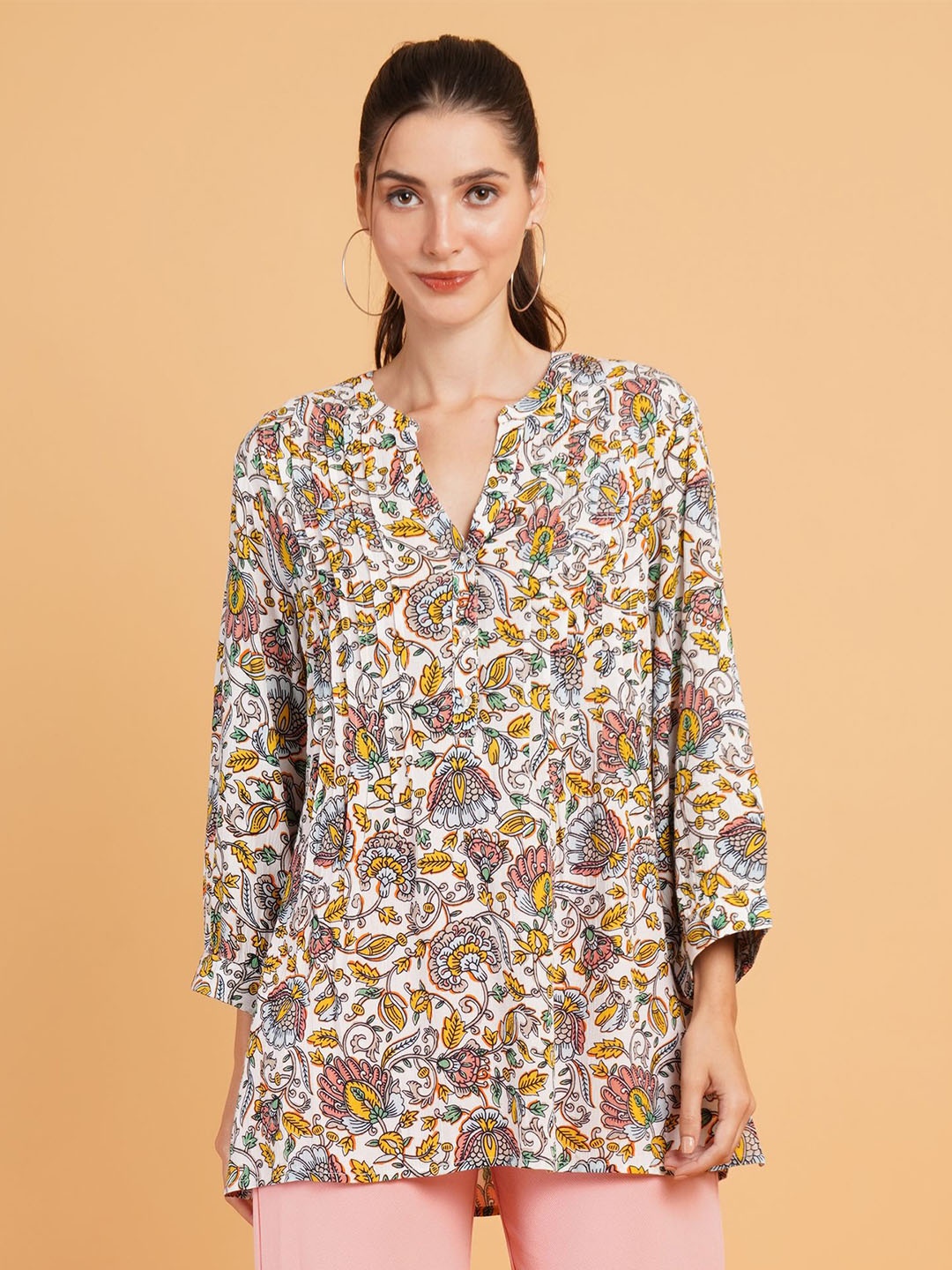 

IX IMPRESSION Floral Printed Pleated Kurti, Yellow
