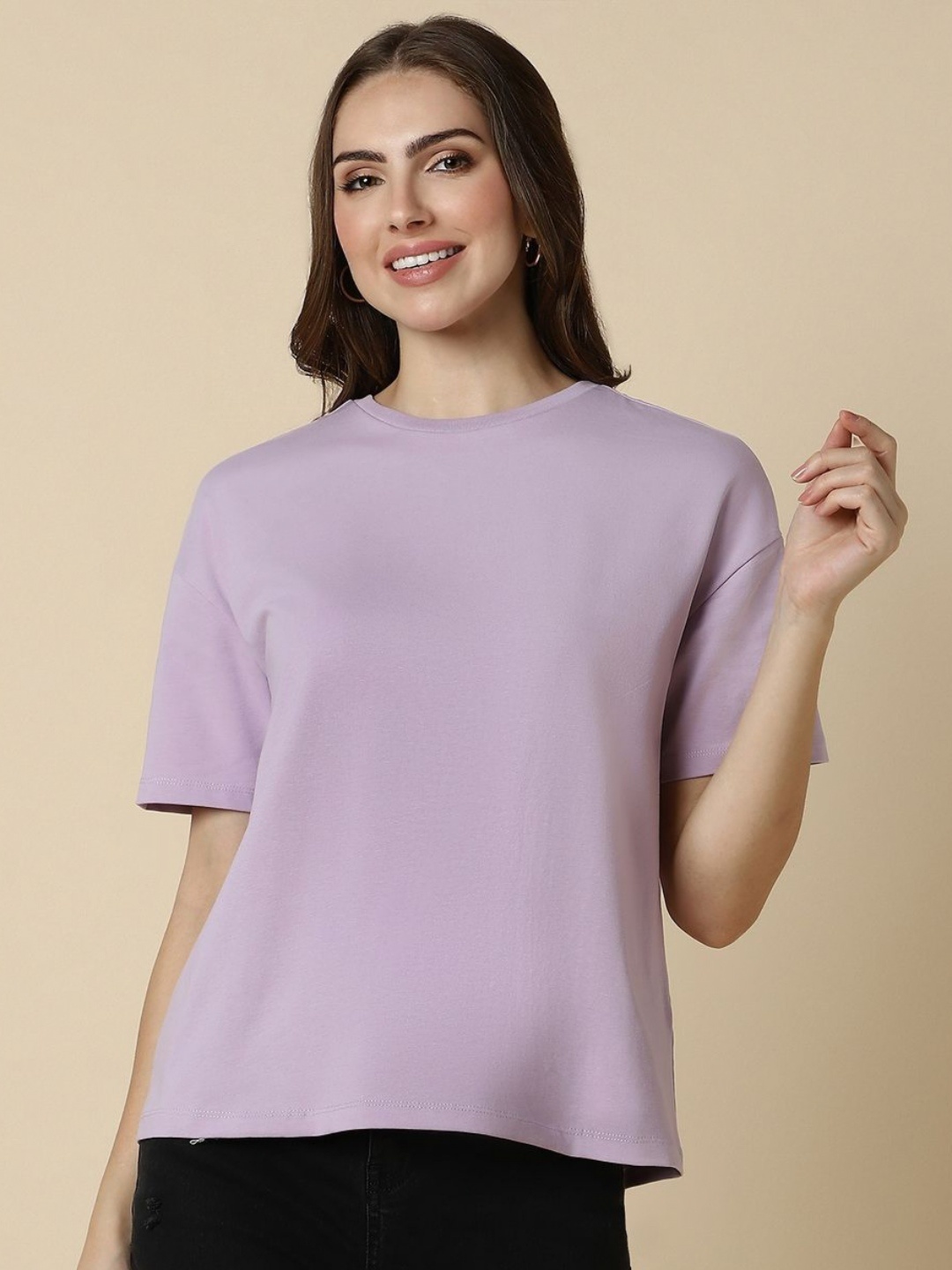 

Allen Solly Woman Women Solid Round Neck Cotton T-shirt, Lavender