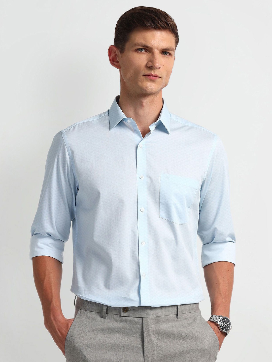 

Arrow Men Classic Spread Collar Textured Cotton Formal Shirt, Blue