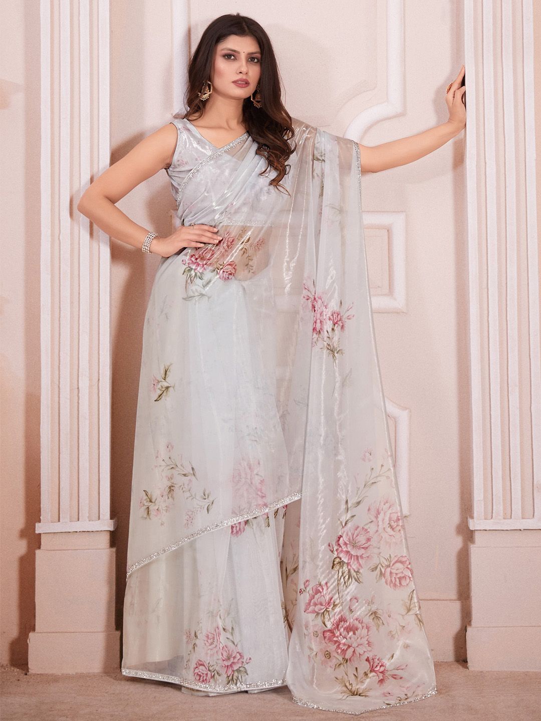 

Anouk Floral Beads and Stones Organza Saree, White