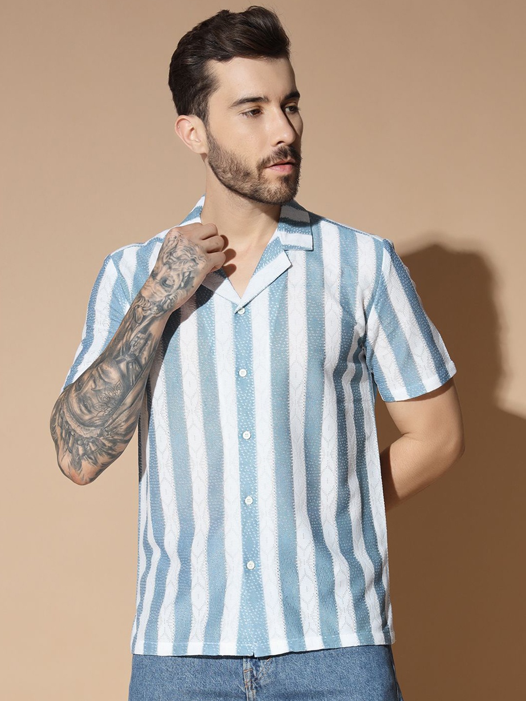 

GLITO Men Modern Cuban Collar Multi Striped Cotton Relaxed Fit Casual Shirt, Blue