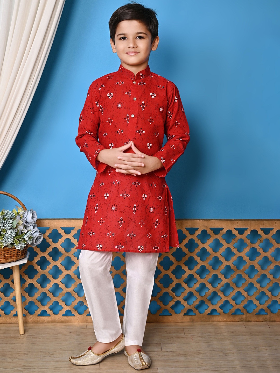 

NFC CREATION Boys Floral Printed Kurta with Pyjamas, Red