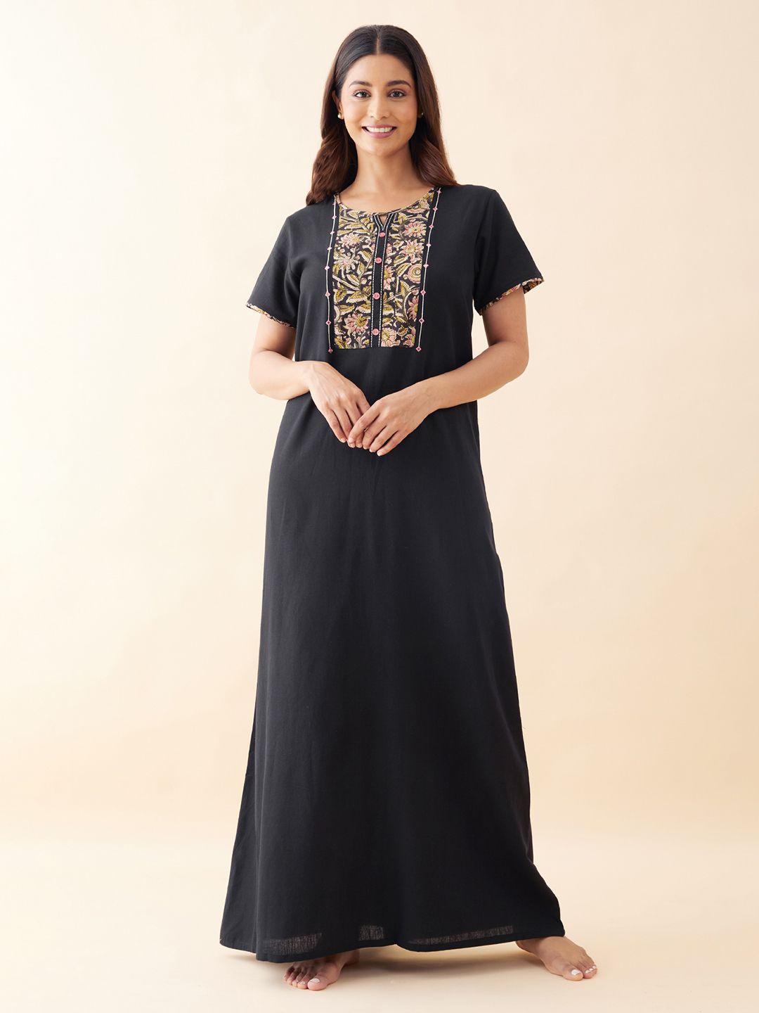 

Maybell pure cotton Printed Maxi Nightdress, Black