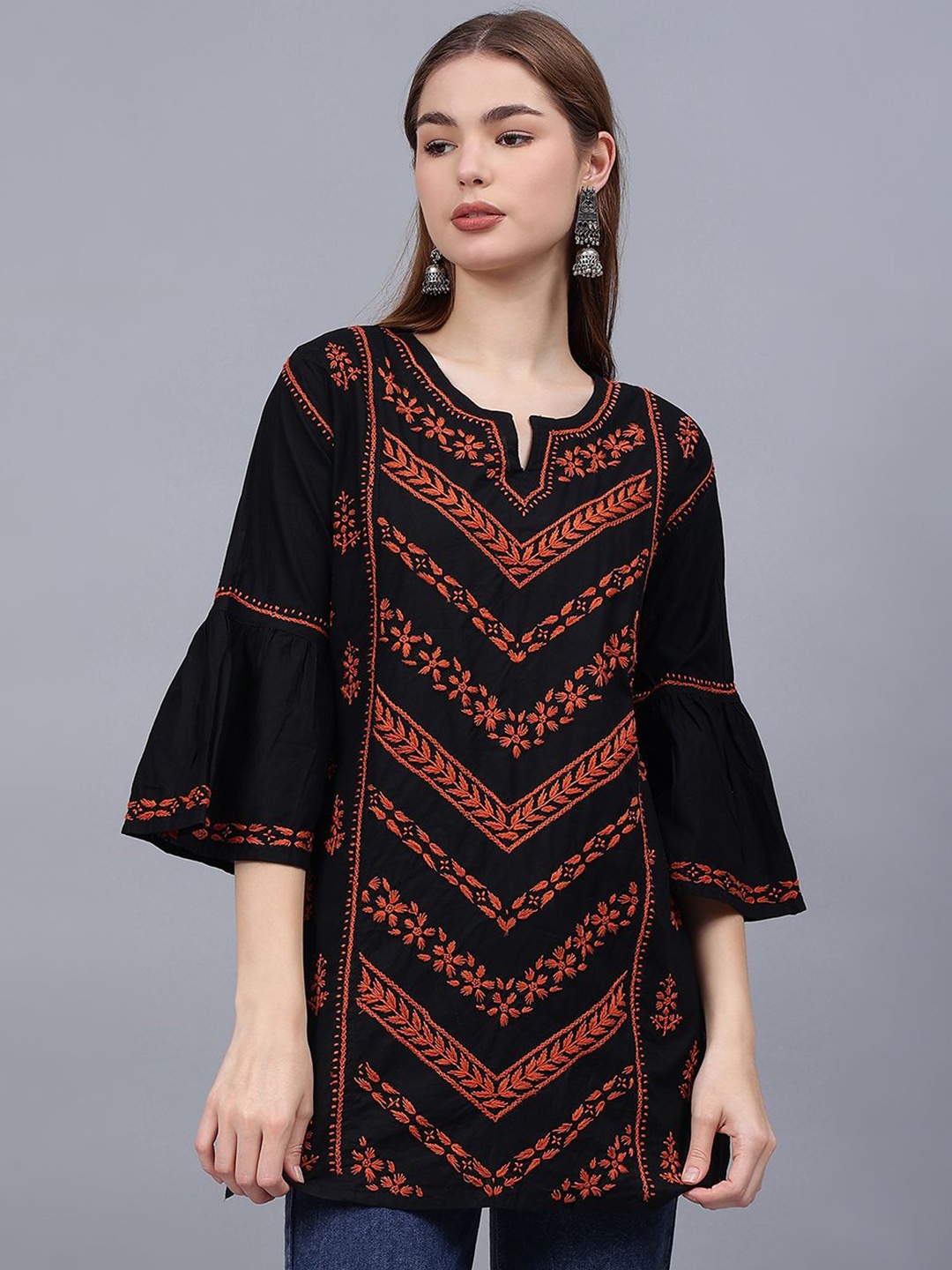 

Seva Chikan Ethnic Motifs Embroidered Flared Sleeves Chikankari Handloom Chikankari Kurti, Black