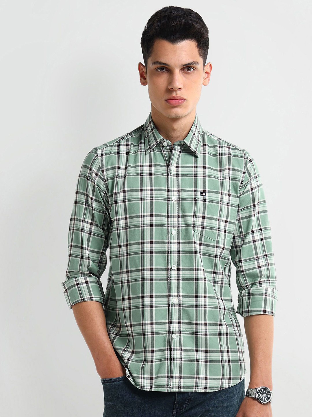 

Arrow Men Modern Spread Collar Tartan Checked Cotton Slim Fit Casual Shirt, Green