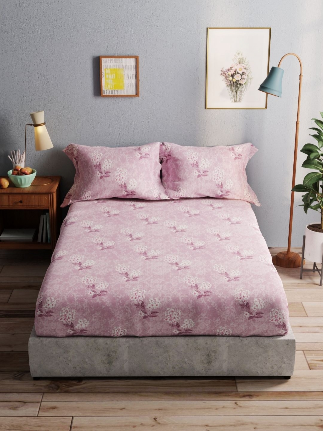 

BIANCA Purple & White Floral140 TC Pure Cotton Queen Bedsheet with 2 Pillow Covers