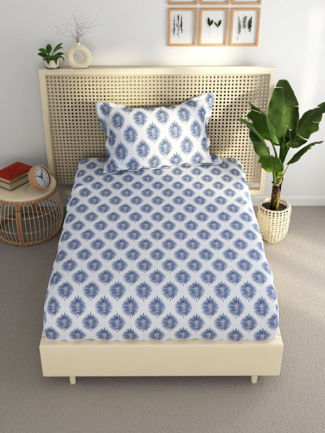 

BIANCA White & Blue Tropical Printed 120 TC Single Bedsheet with 1 Pillow Covers