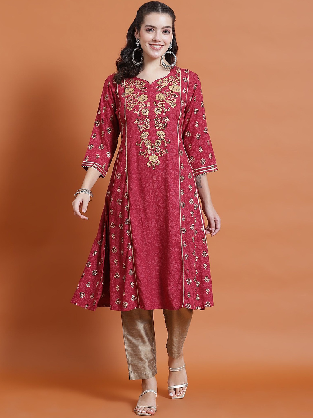 

Shree Ethnic Motifs Printed Liva A Line Kurta, Maroon