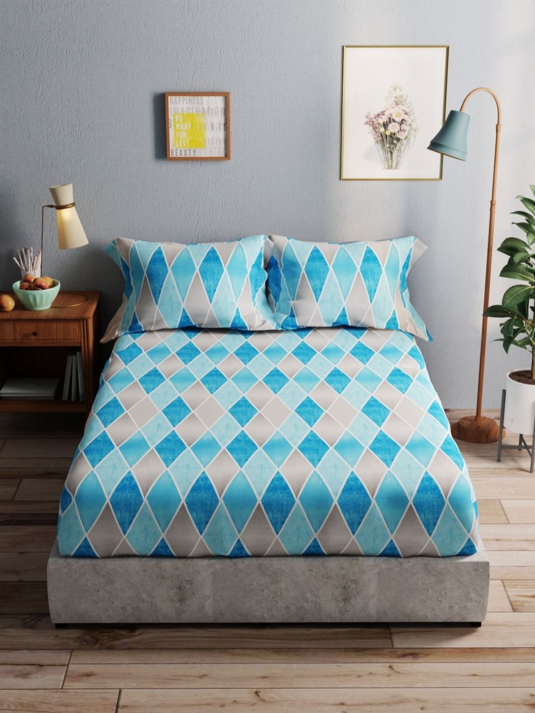 

BIANCA Amolina Blue & Grey Geometric 140 TC Cotton Queen Bedsheet With 2 Pillow Covers