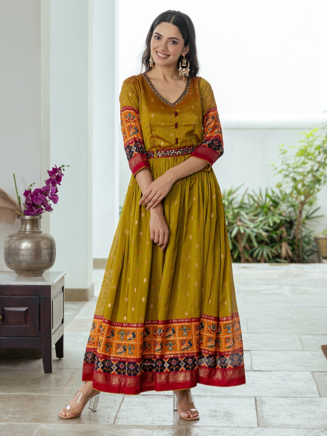 

FASHOR Ethnic Motifs Print Crepe Maxi Dress, Mustard