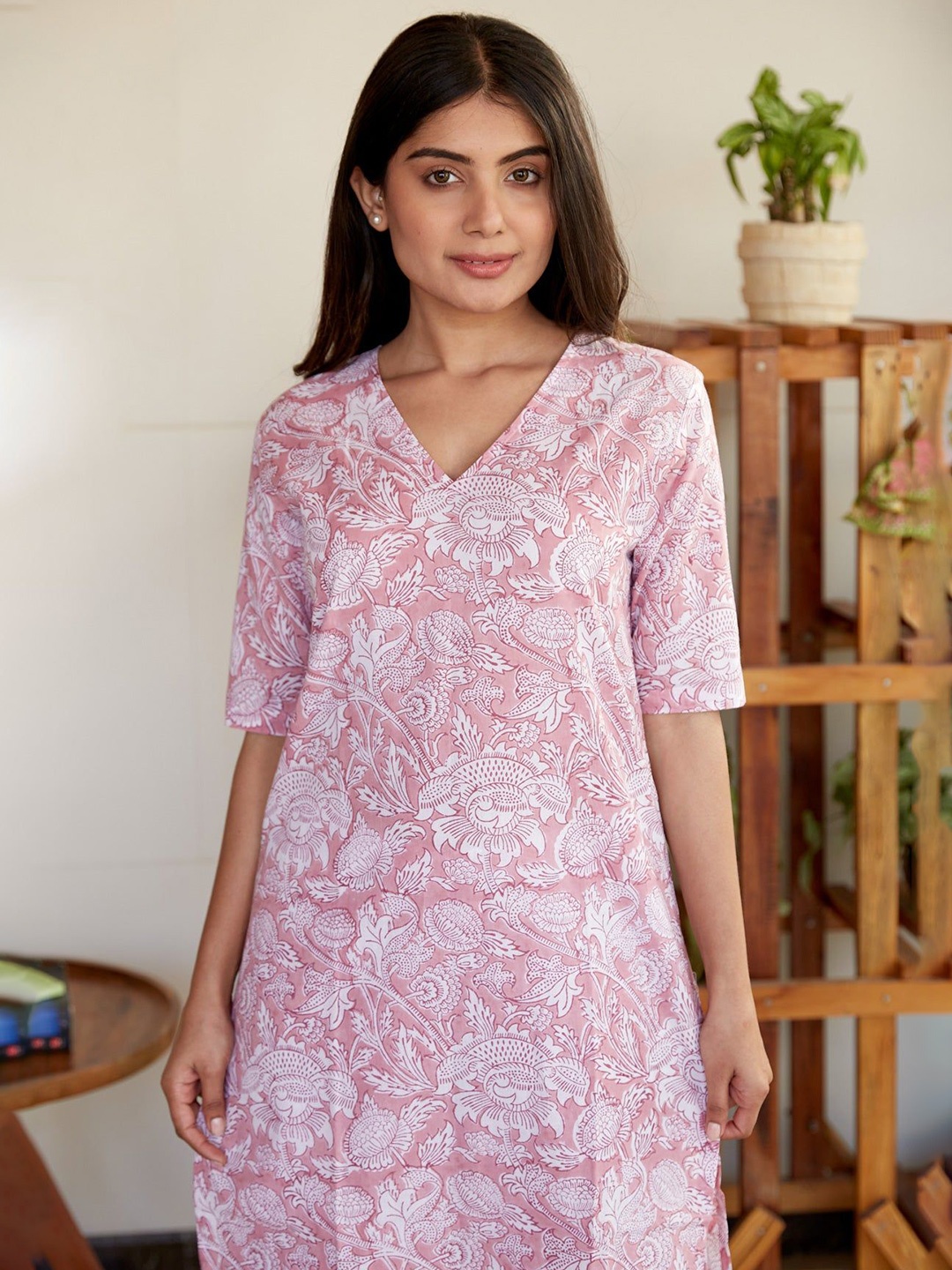 

NANGALIA RUCHIRA Floral Printed Pure Cotton Tunic with Trousers, Pink