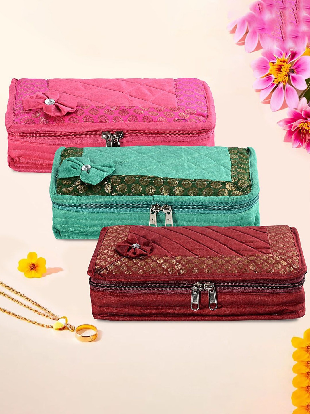 

Kuber Industries Maroon & Green 3 Pieces Self Design Jewellery Organisers