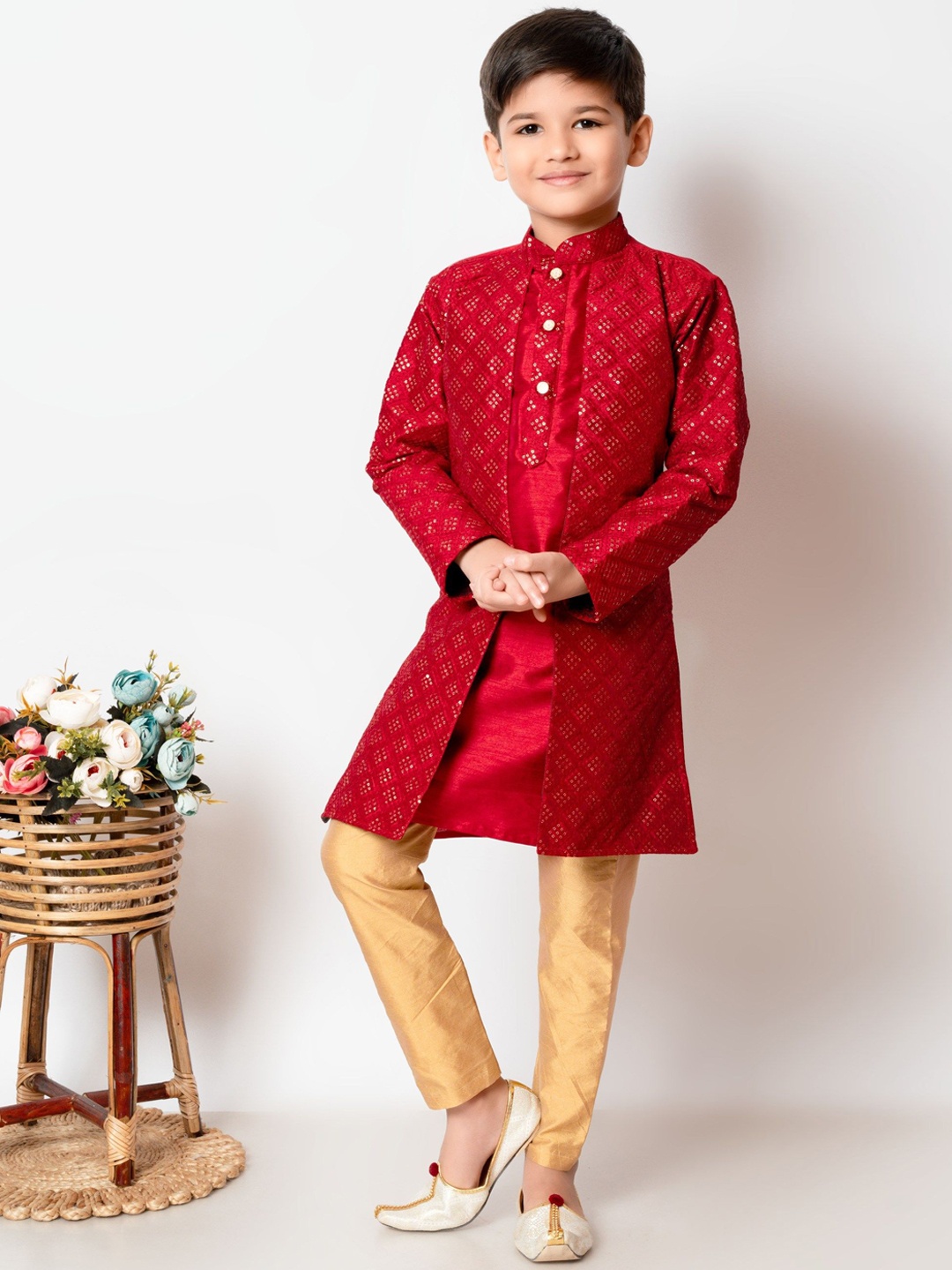 

NFC CREATION Boys Mandarin Collar Sequinned Dupion Silk Kurta with Trousers & Jacket, Maroon