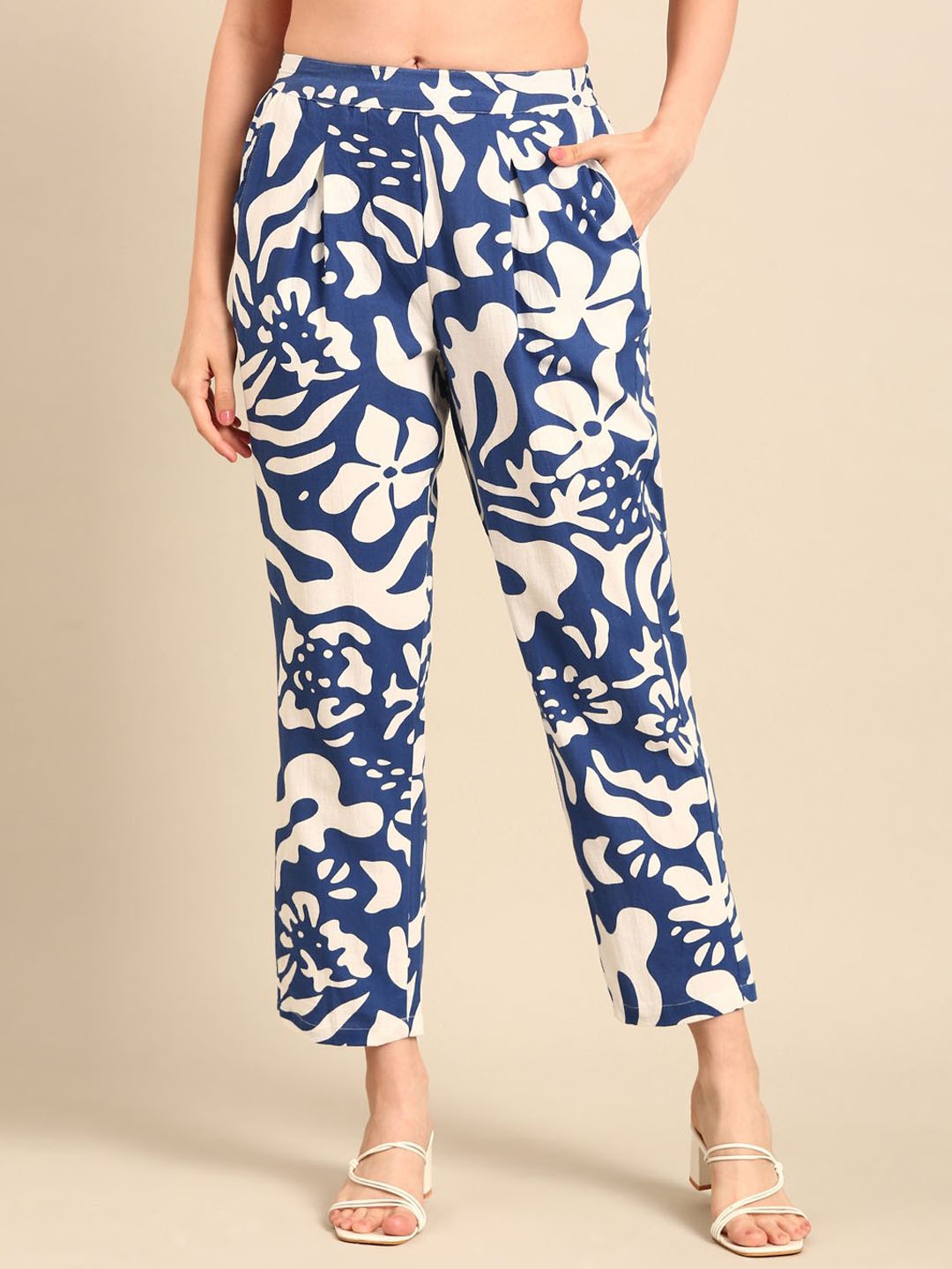 

De Moza Women Printed Trousers, Blue