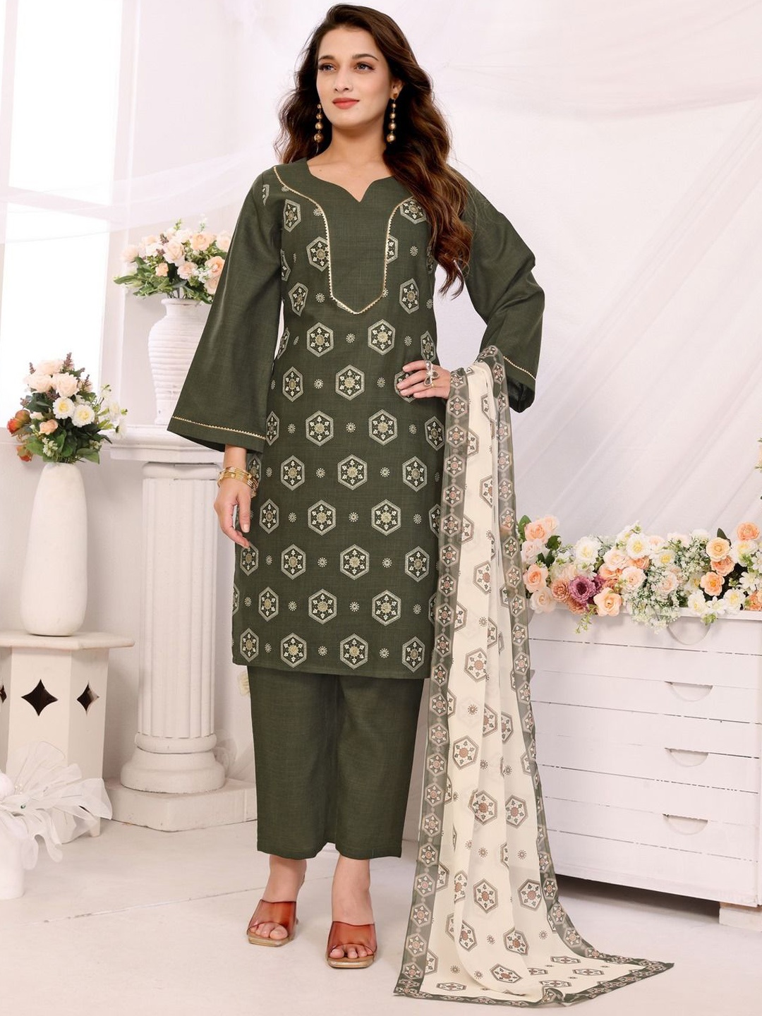 

Titanium Silk Industries Geometric Printed Regular Straight Kurta with Trousers & Dupatta, Olive