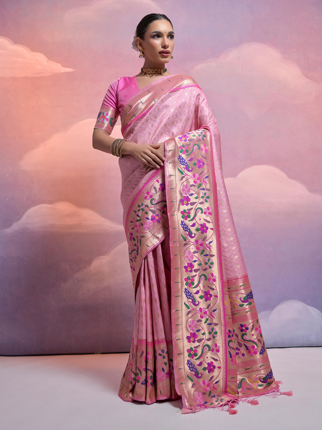 

LeeliPeeri Designer Women Woven Design Floral Paithani Saree, Pink