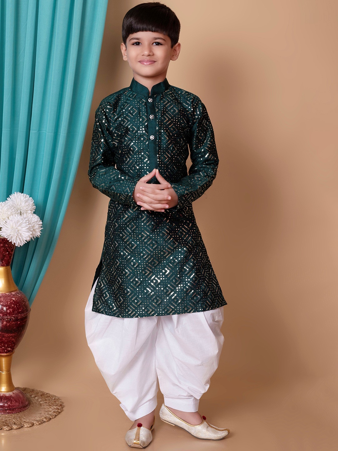 

NFC CREATION Boys Embroidered Mandarin Collar Sequinned Dupion Silk Kurta with Patiala, Green