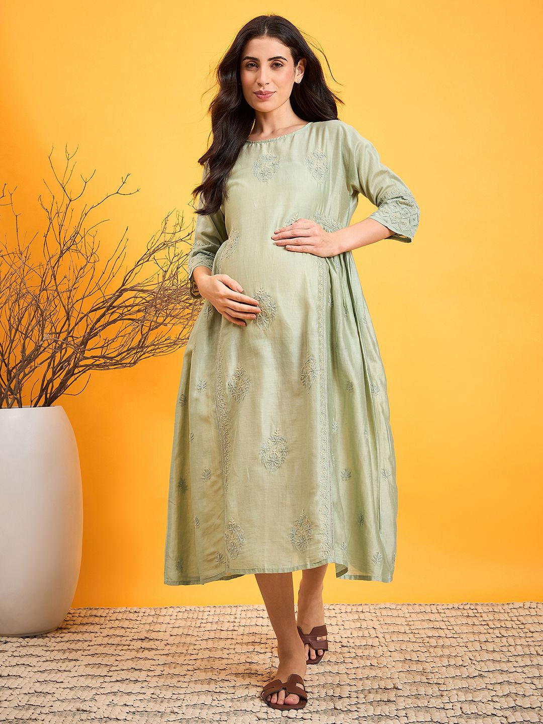 

The Kaftan Company Embroidered Fit & Flare Maternity Dress, Olive